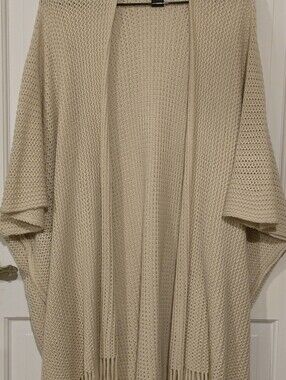 Cream Fringe Open-Knit Women's Sweater Poncho
